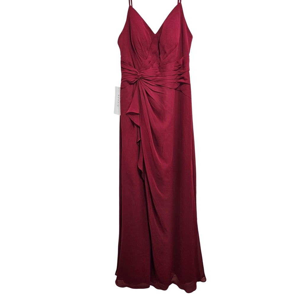 Azazie NWT Emerald Chiffon Maxi Dress Formal Bridesmaid Ho Co V-Neck Burgundy A4